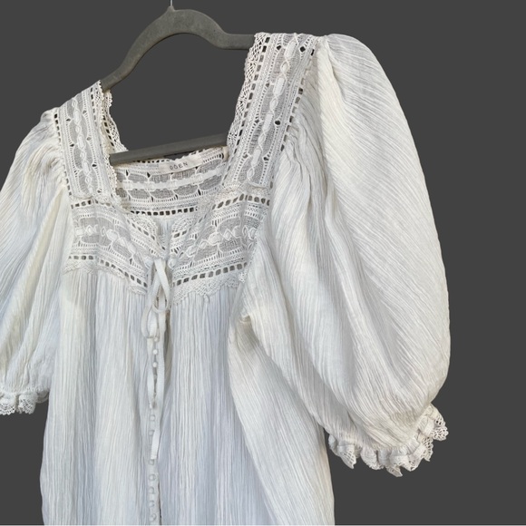 DOEN White Lightweight Square Neck Button Down Lace Puff Sleeve Anneth Blouse M - Picture 5 of 17